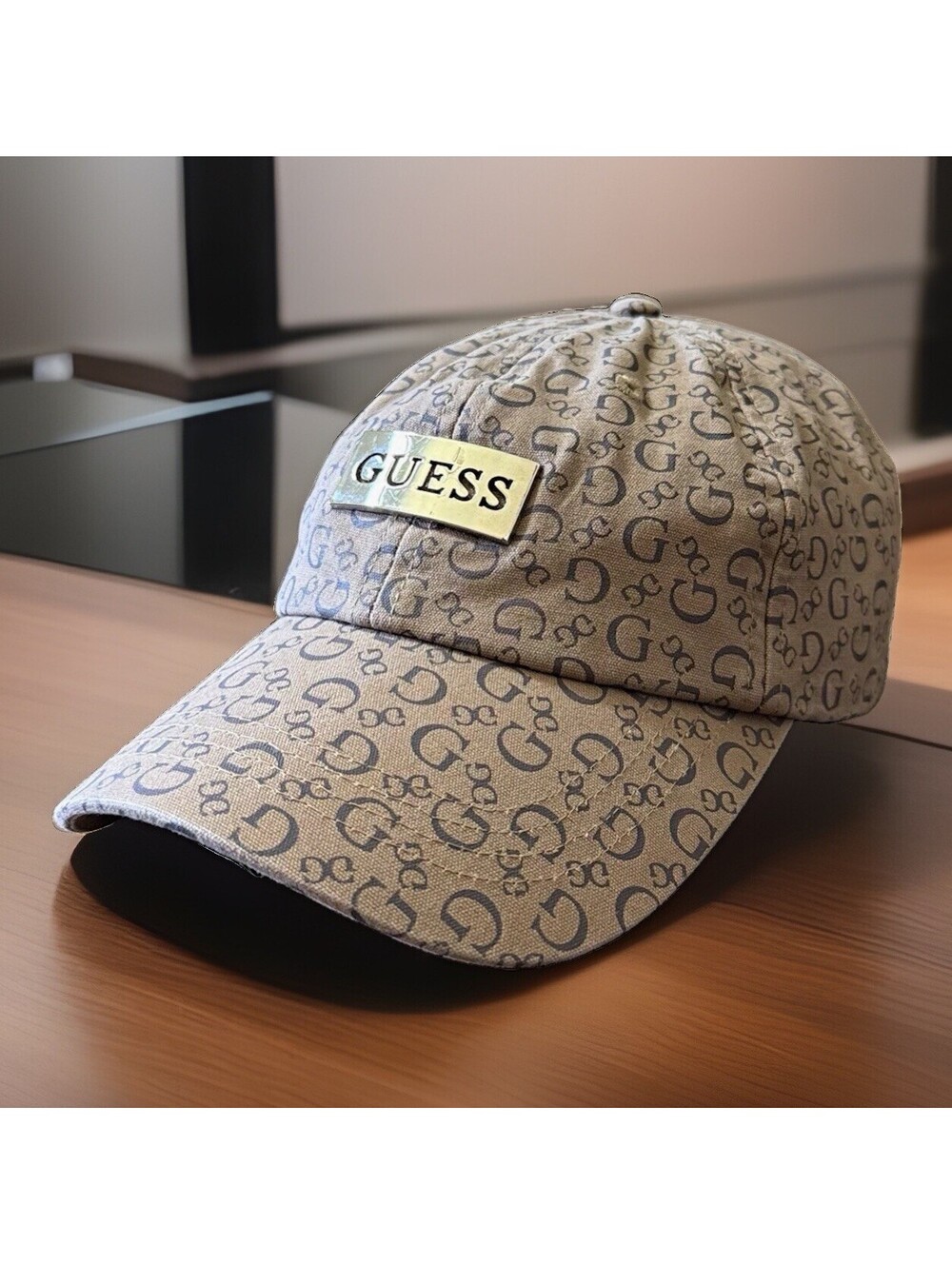 GUESS HWR-83290 Monogram Logo Baseball Cap Brown Tan Adjustable Cotton Hat